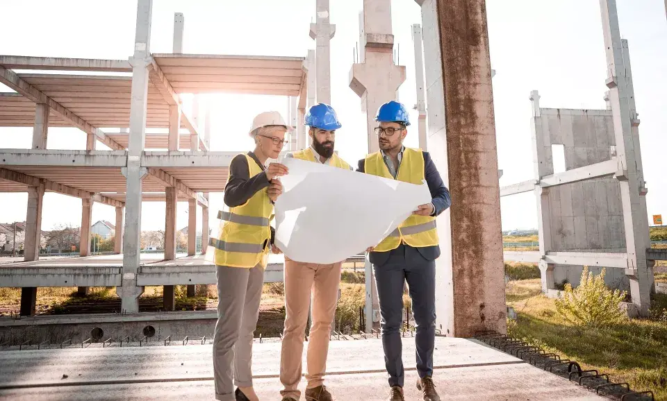 Arquitectos viendo un plano en una construccion